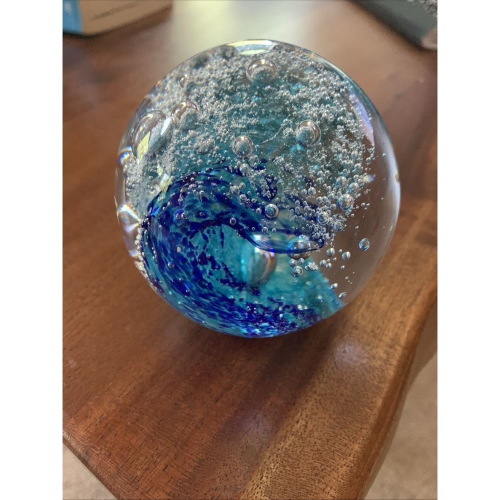 Ocean Wave Glass Hand Blown Paperweight Desk Decor Beach Vibes 4" Beautiful